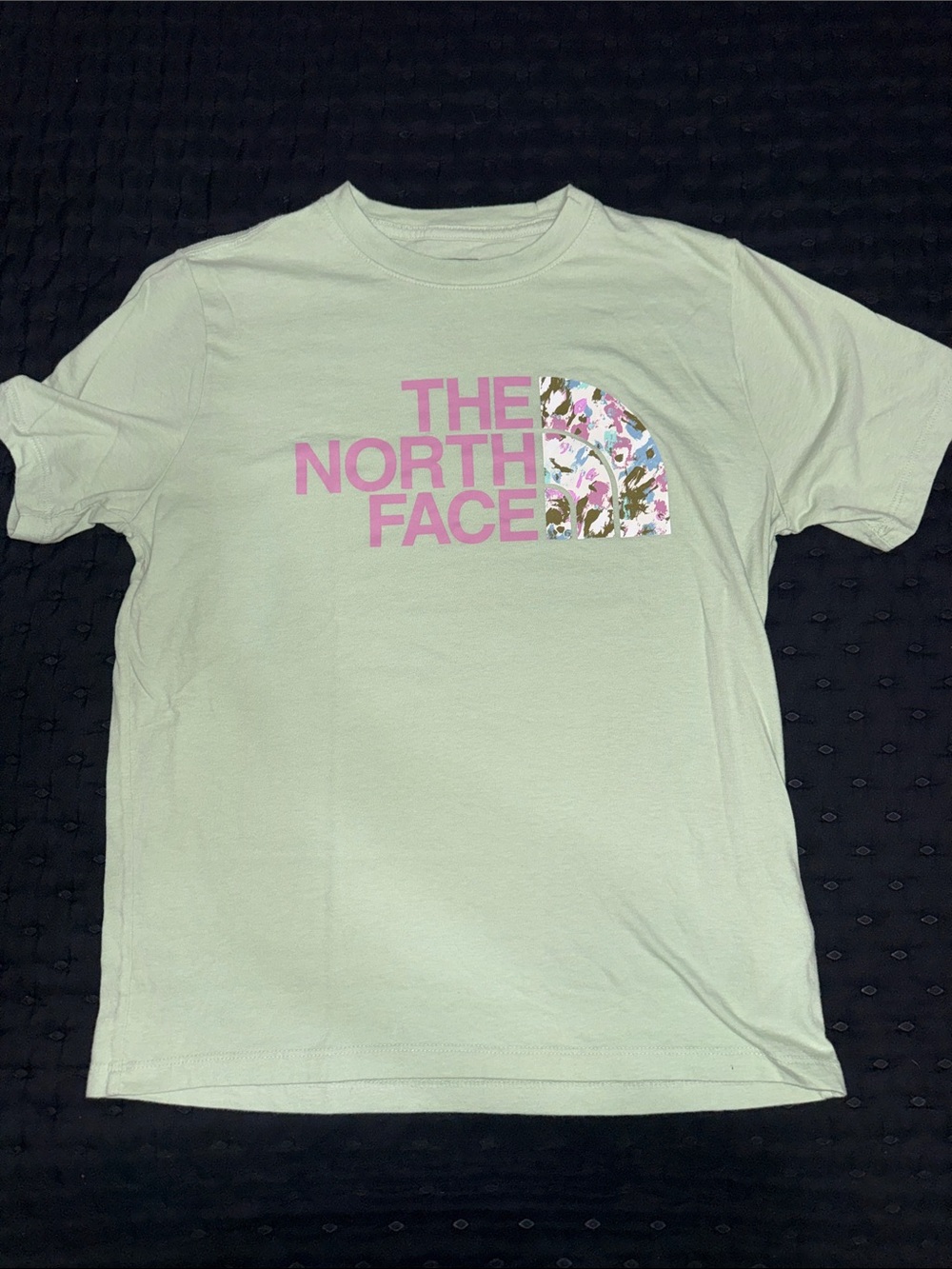 The North Face Mint Green Short Sleeve Tee with Pink Logo and Floral Accent